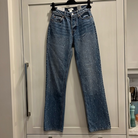 H&M Denim - NWT 90’s Straight High Waist rhinestone embellished H&M cotton button fly jeans